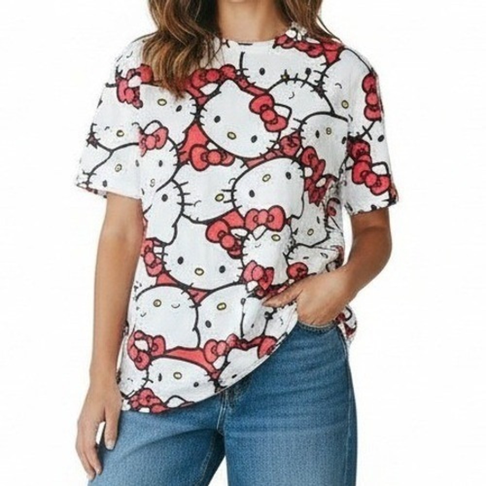 Hello Kitty Womens Small All Over Print T Shirt White Red Short‎ Sleeve